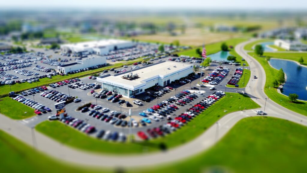 aerial view of a car dealership
